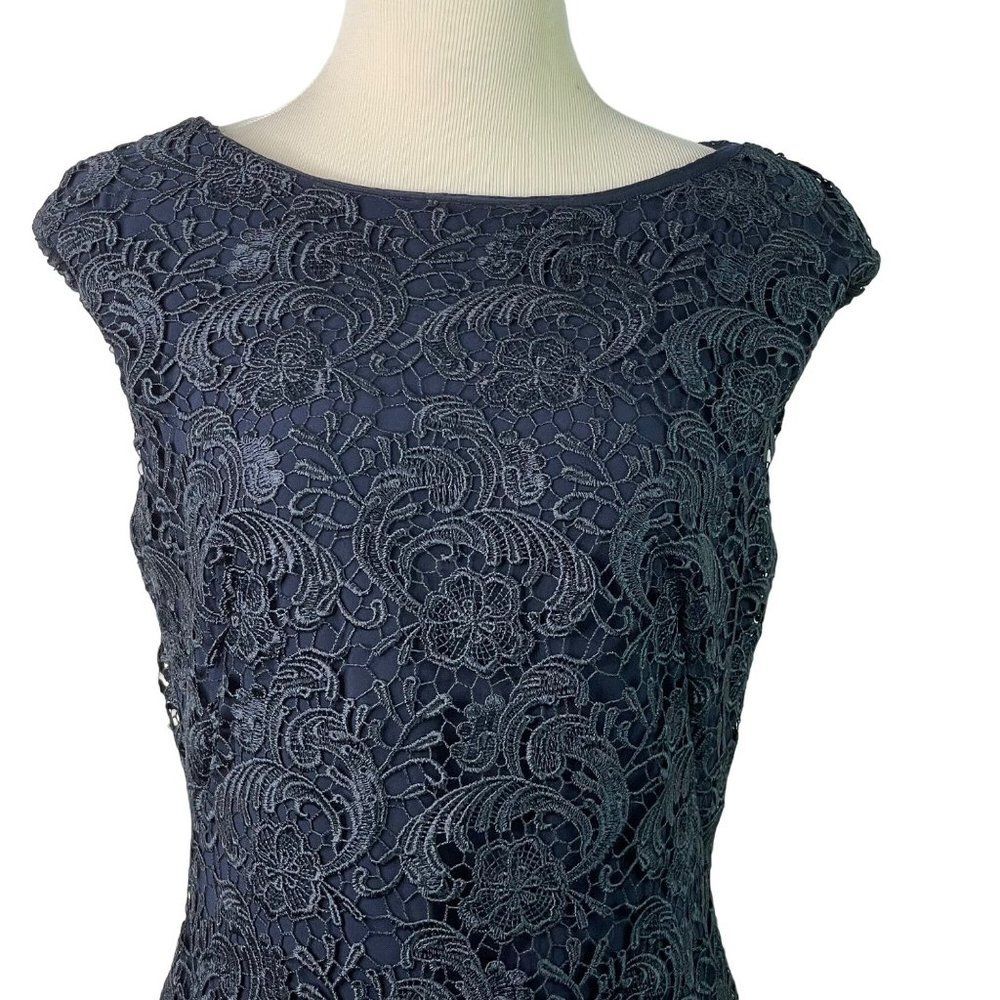 Ralph Lauren Lace Floral Sheath Dress Size 8 Navy Blue Midi Evening Elegant - Picture 2 of 11